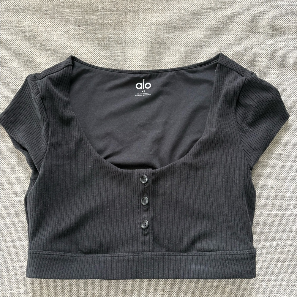 ALO Yoga Black Ribbed Scoop Neck Crop Top XS